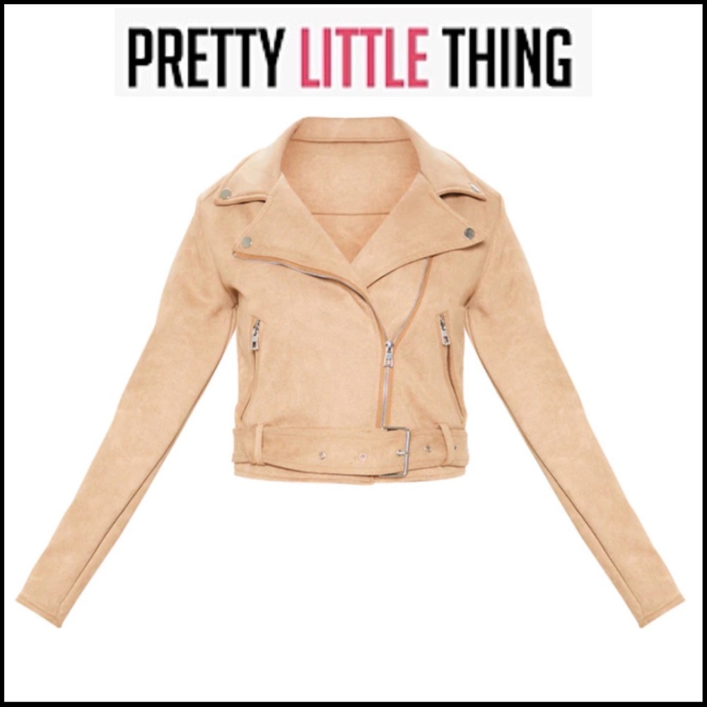 NWT PRETTYLITTLETHINGS CAMEL FAUX LEATHER SUEDE BIKER JACKET Sz XS - Picture 4 of 14